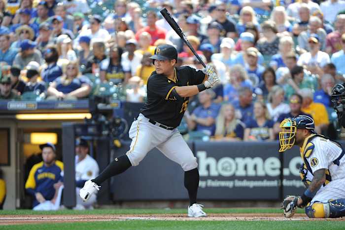 Pittsburgh Pirates first baseman Yoshi Tsutsugo at bat in the second inning against the Milwaukee Brewers at American Family Field. (2022)